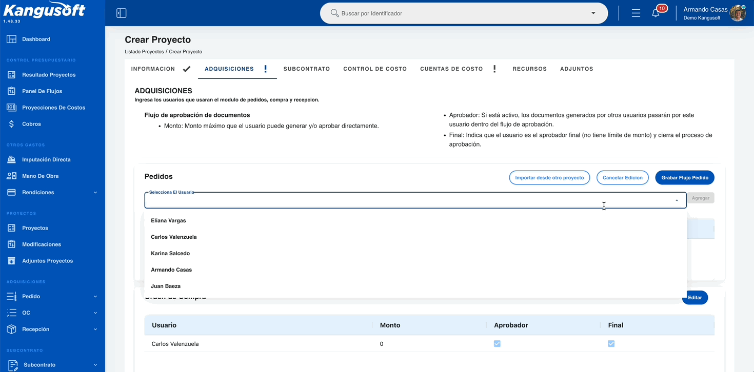 Configuración de adquisiciones