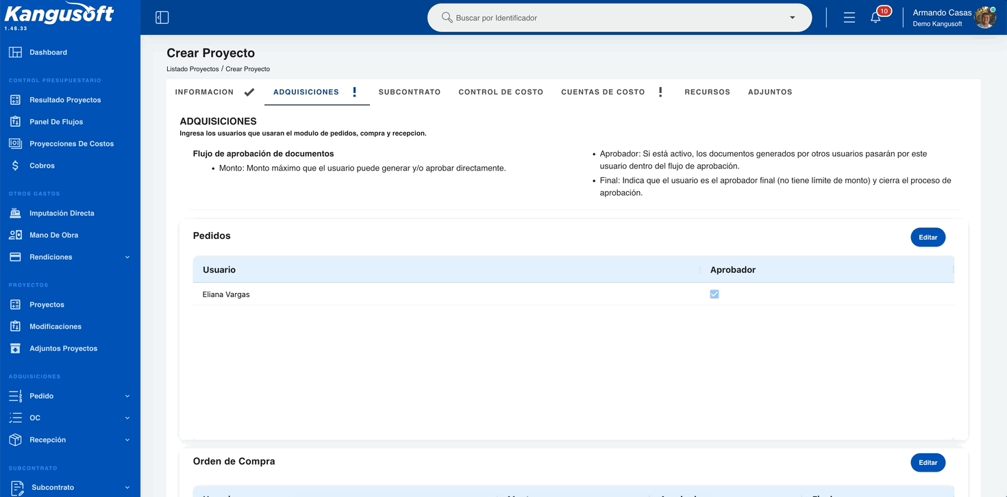 Configuración de subcontratos