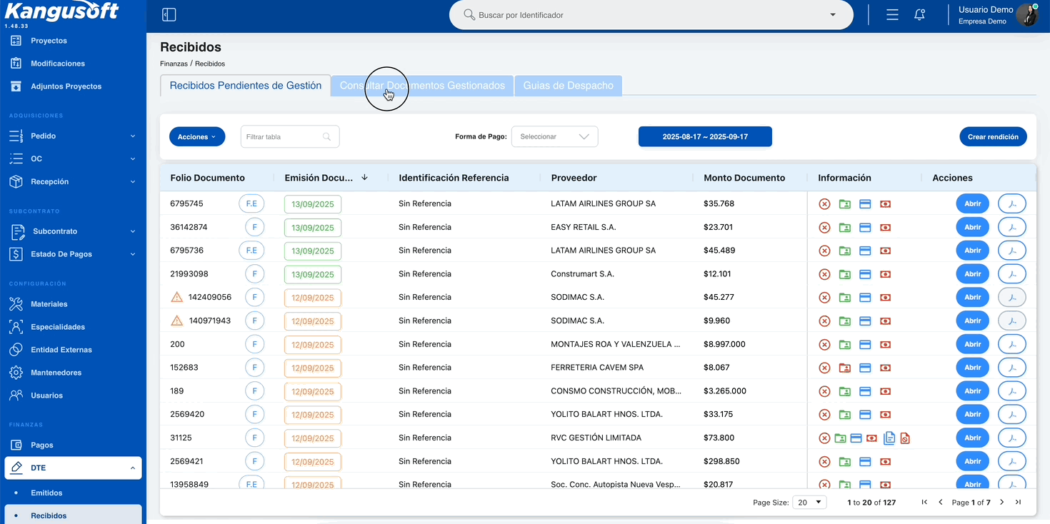 Vista de documentos gestionados