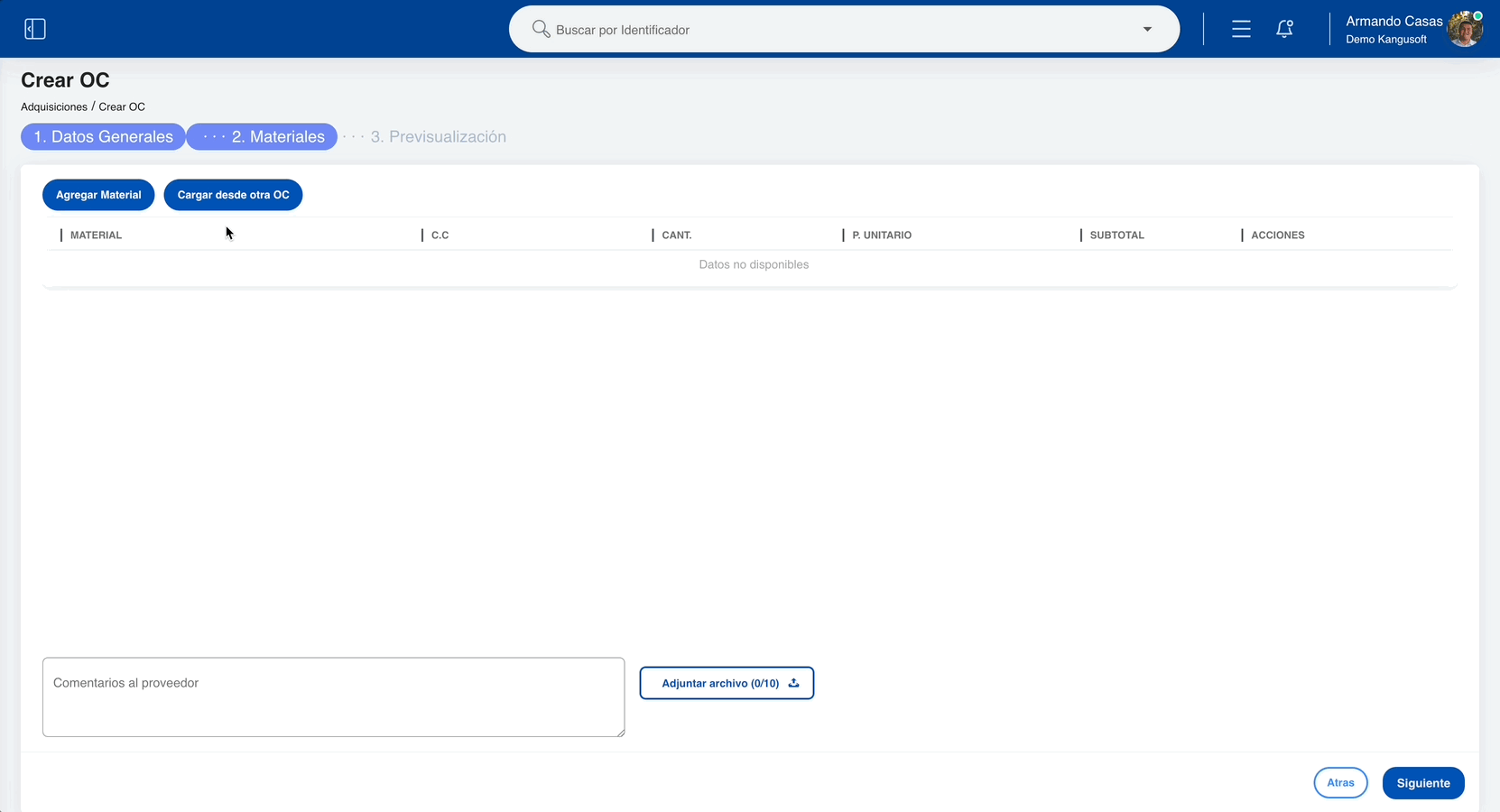 Paso 2 - Gestión de Materiales de la Orden de Compra