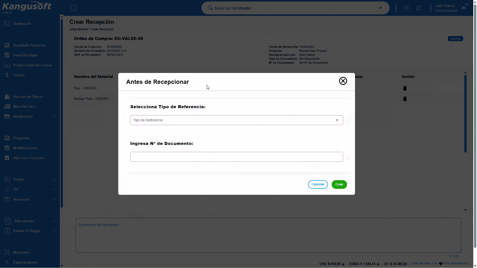 Modal Inicial: Antes de Recepcionar